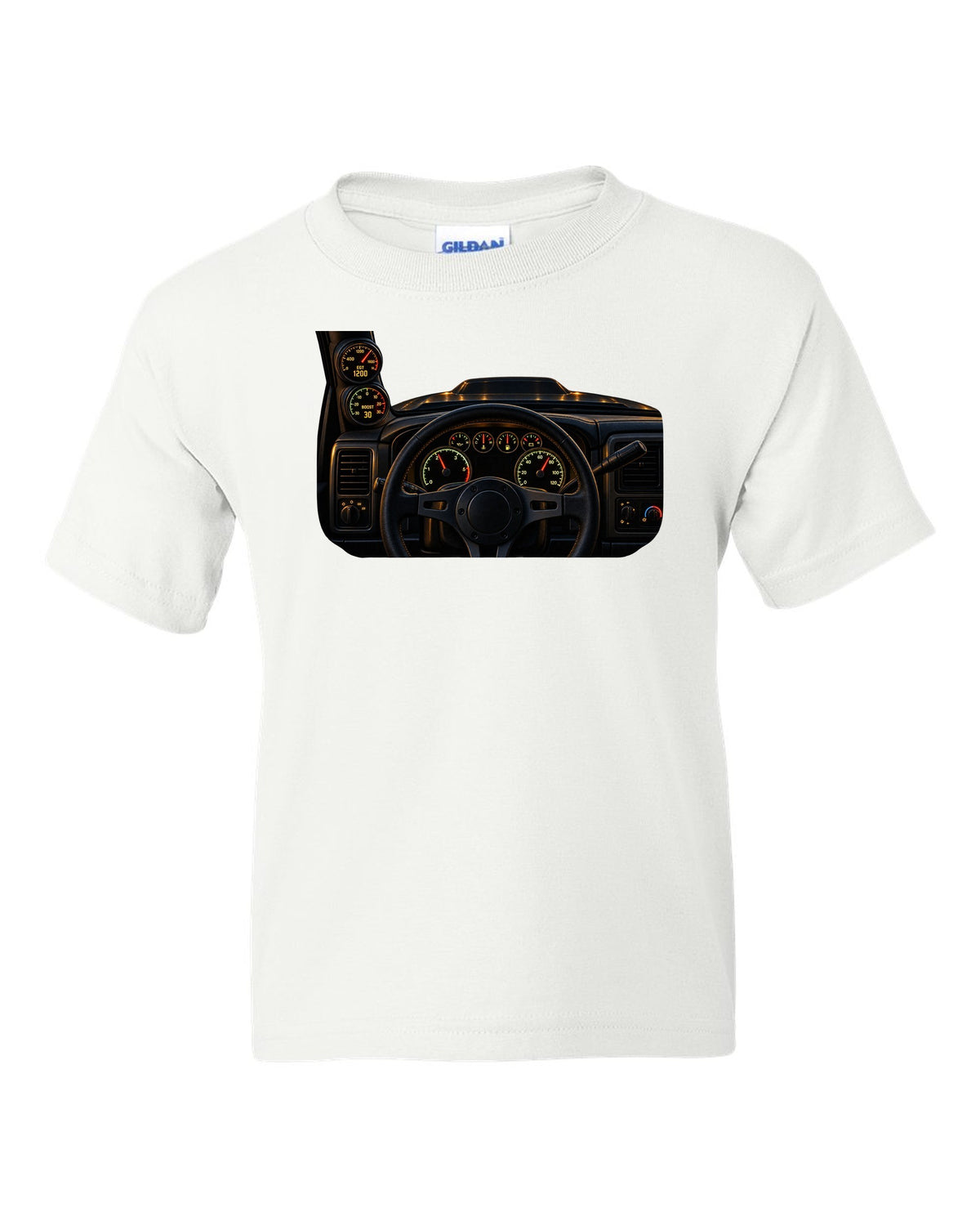 Dyno chart gauge cluster print showing EGT and boost for a Dodge Ram 2500 Cummins white kids tee front view with the design