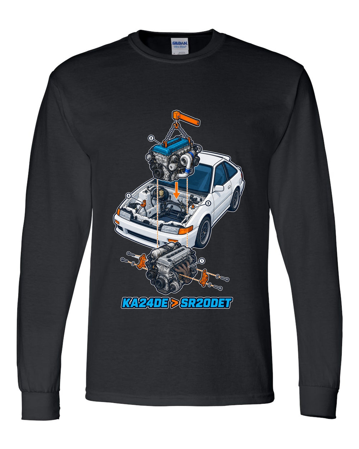Exploded isometric engine cutaway for a Nissan S13 KA24DE to SR20DET swap black long sleeve front view with the design