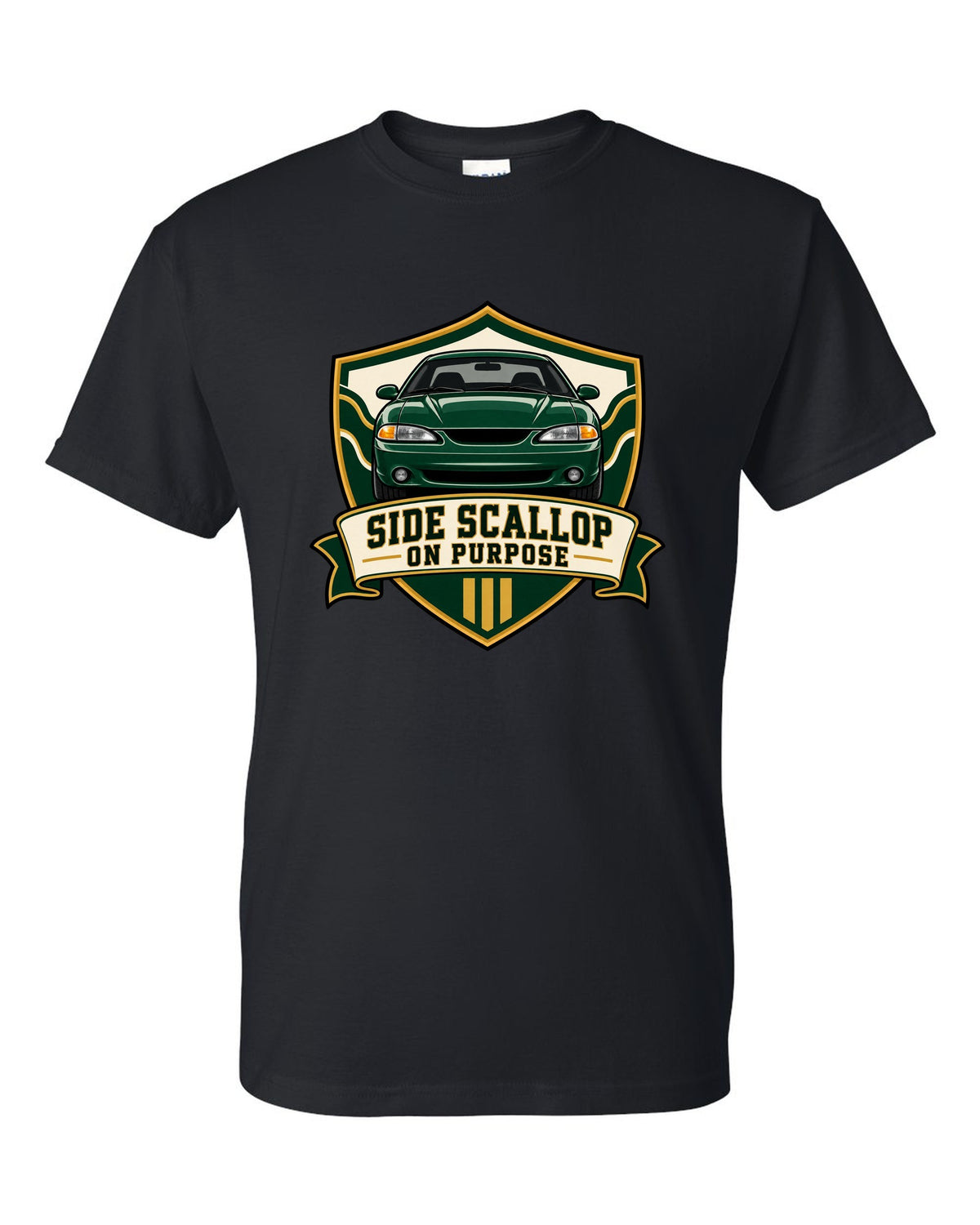 SN95 Mustang 1994-98 Varsity Crest black t-shirt front view with the design