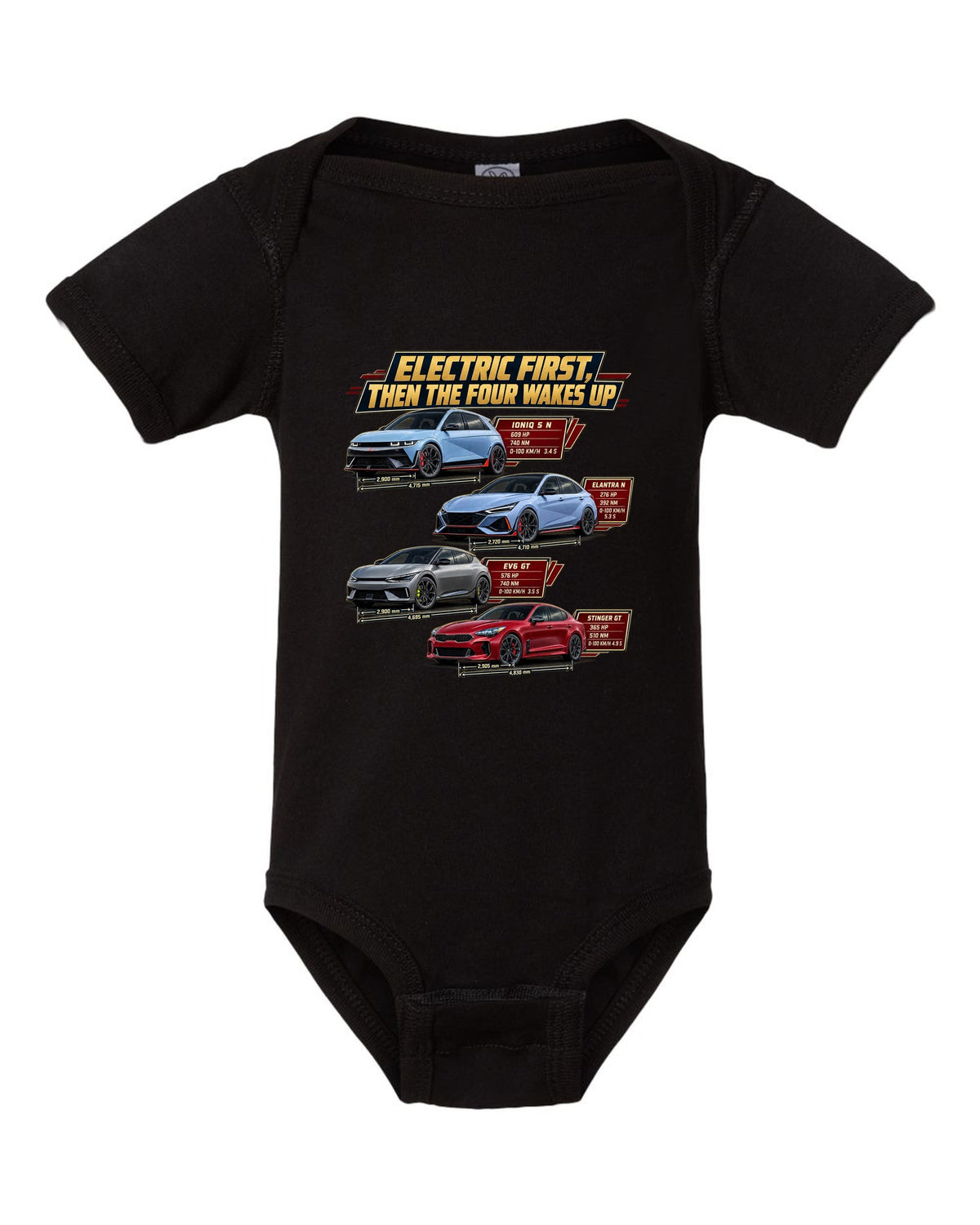 Polestar 1 spec poster print on a shirt black baby onesie front view with the design