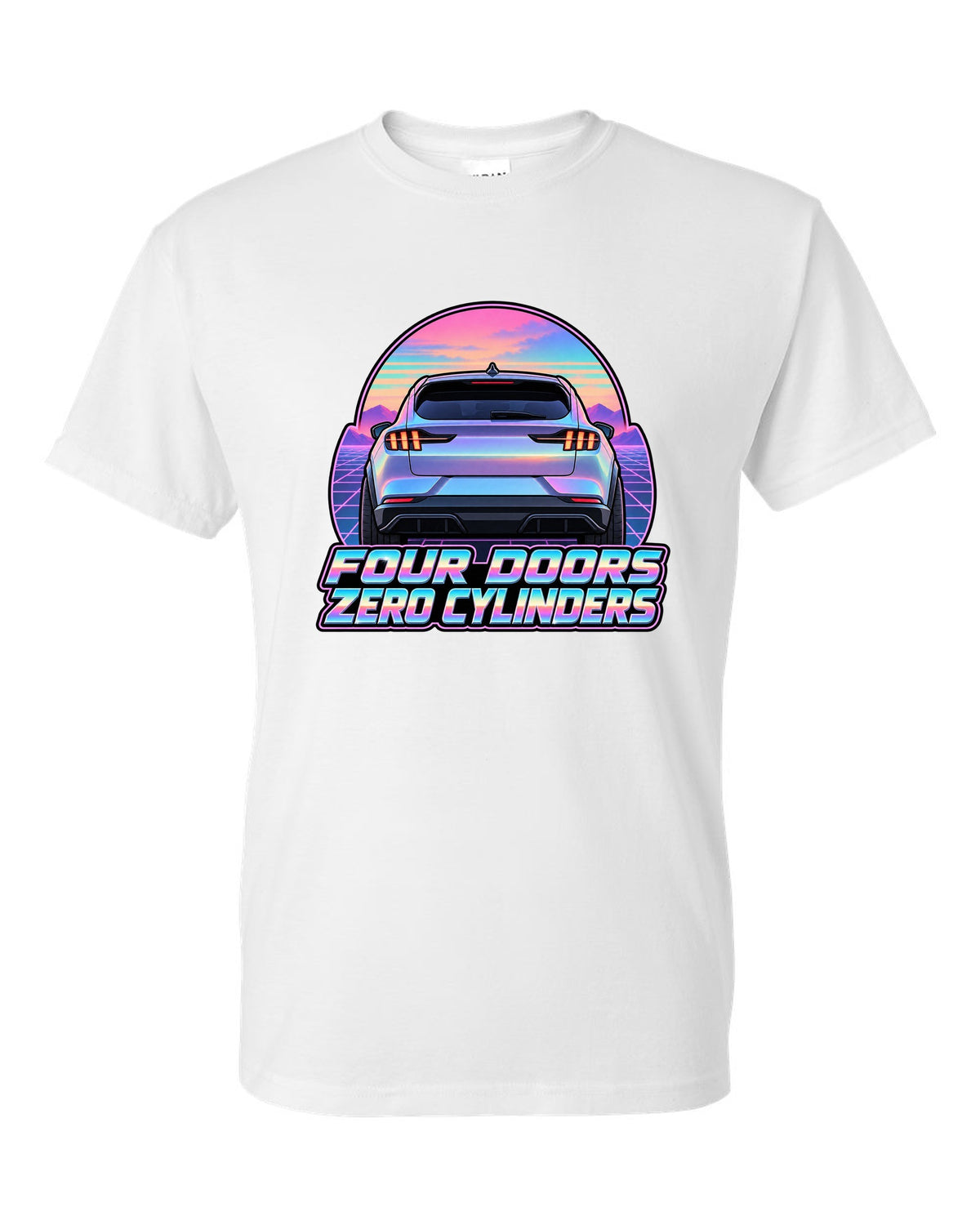Vaporwave pastel print of a 2021 Ford Mustang Mach-E rear at dusk white t-shirt front view with the design