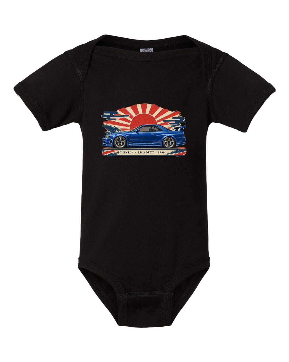 Retro Japanese Showa catalogue ad style print of a 1999 Nissan Skyline GT-R BNR34 with RB26DETT lettering black baby onesie front view with the design