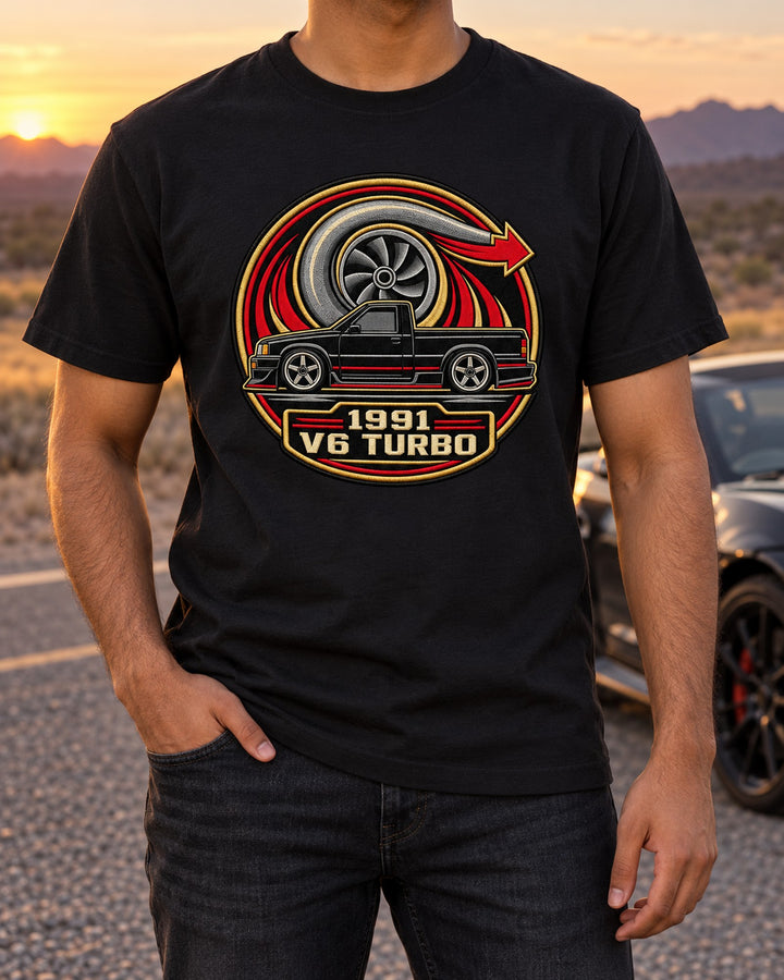 GMC Syclone 1991 V6 Turbo Varsity Round Shirt, Boost Car Tee T-Shirt Black worn hero