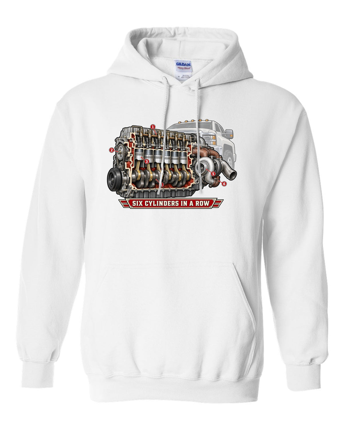 Cutaway diagram print of an inline-six diesel engine from a Dodge Ram 2nd gen with six cylinders in a row text white pull over hoodie front view with the design