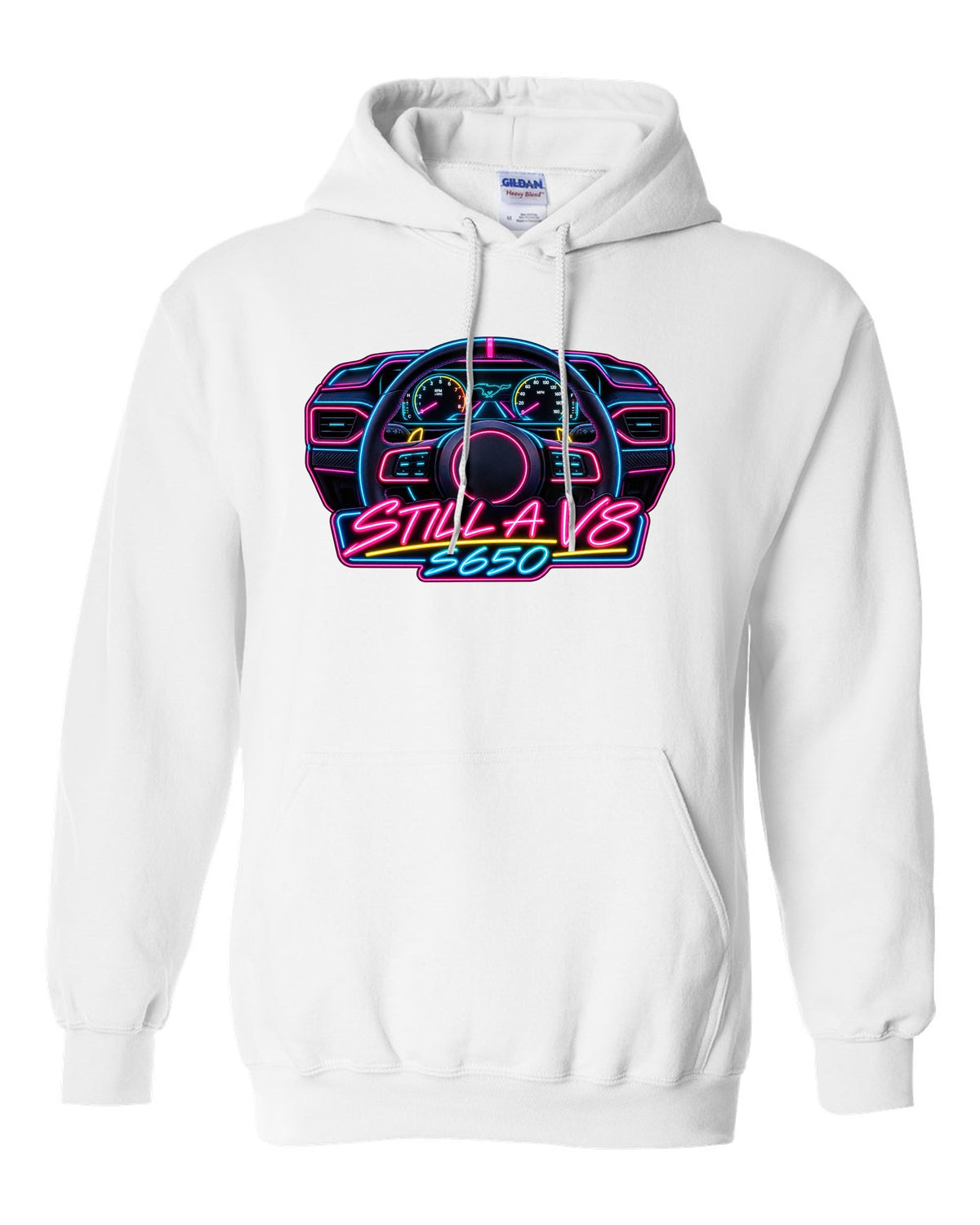 Neon sign style 2024 S650 Ford Mustang coupe with Still a V8 text white pull over hoodie front view with the design