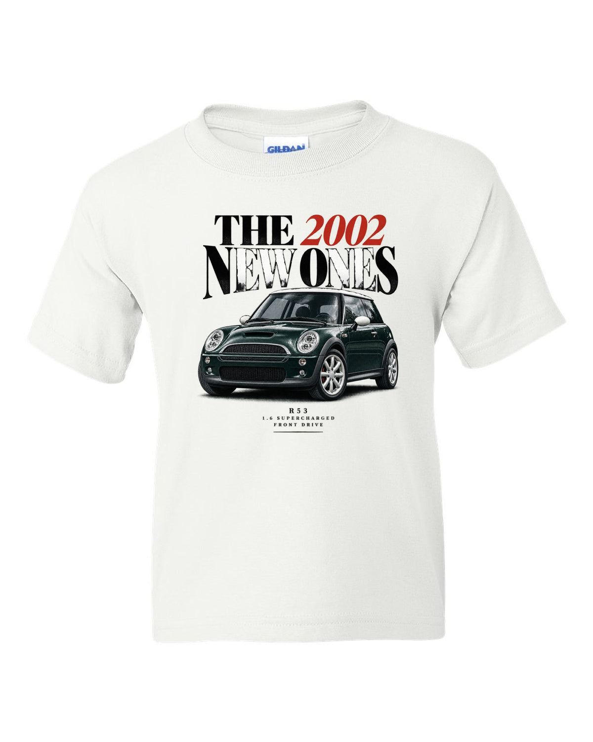 Mini Cooper S R53 dark green with white roof editorial headline print white kids tee front view with the design