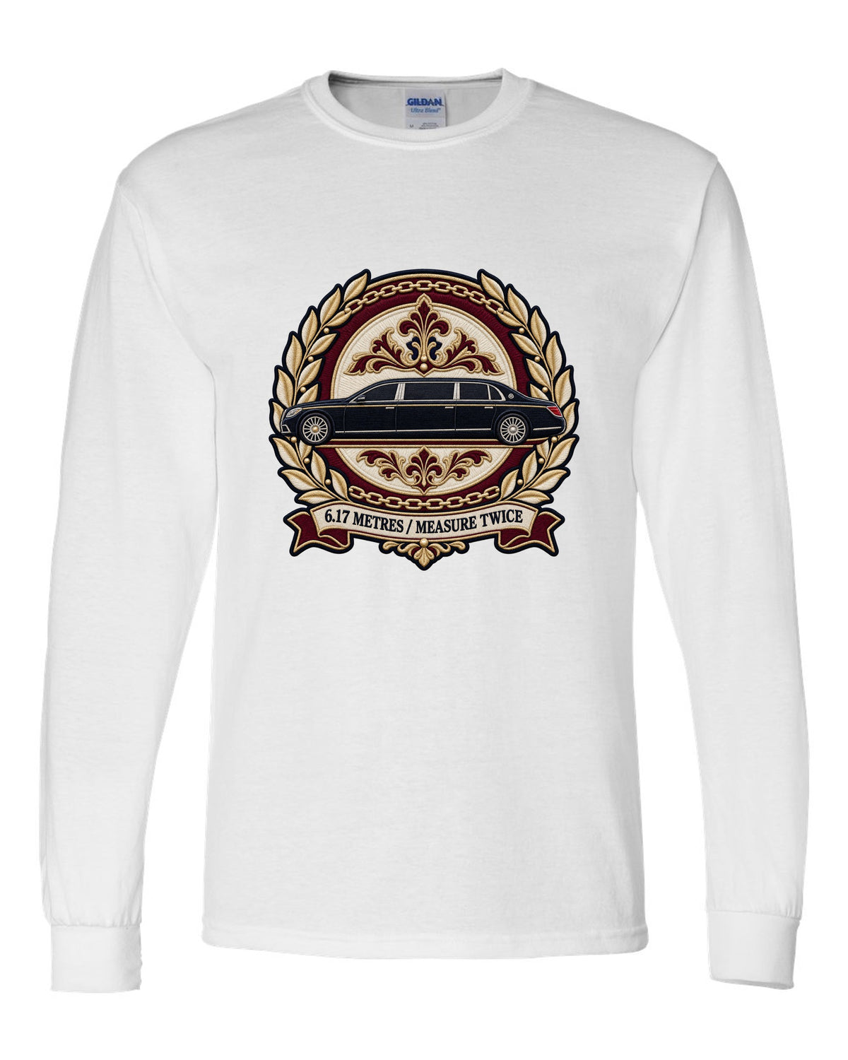 Embroidery style round crest of a Maybach 62 W240 opera window with 6.17 Metres Measure Twice text white long sleeve front view with the design