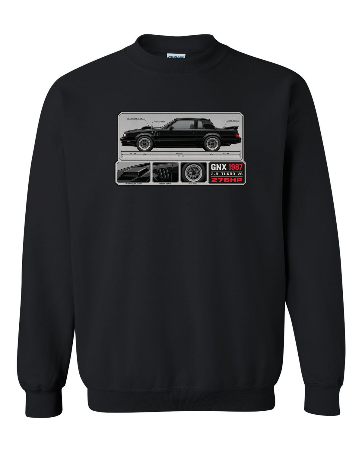 1987 Buick GNX datasheet spec layout with 3.8 turbo V6 and 276HP text black crewneck front view with the design