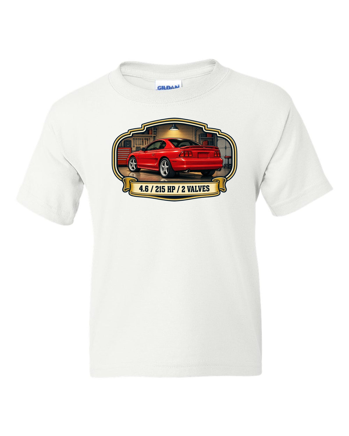 Vintage oil can label design of a 1994-98 SN95 Ford Mustang coupe with 4.6 specs white kids tee front view with the design