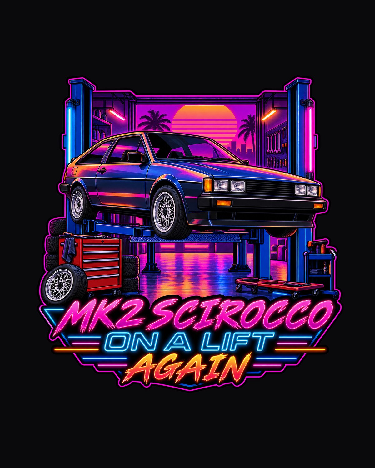VW Scirocco Mk2 Synthwave Workshop Tee, On a Lift Again design only