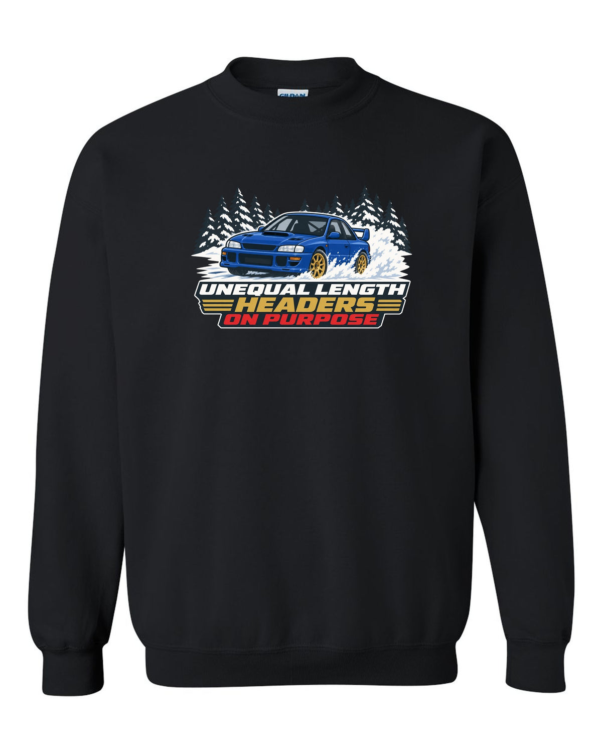 Flat vector print of a Subaru Impreza WRX STI GC8 with unequal length headers on purpose lettering black crewneck front view with the design