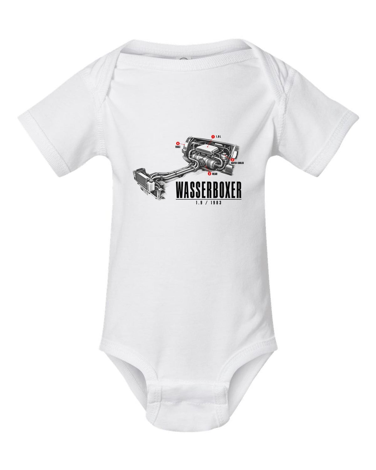 Engine hero print of the VW T3 Wasserboxer 1.9 water-cooled boxer engine with 1983 text white baby onesie front view with the design
