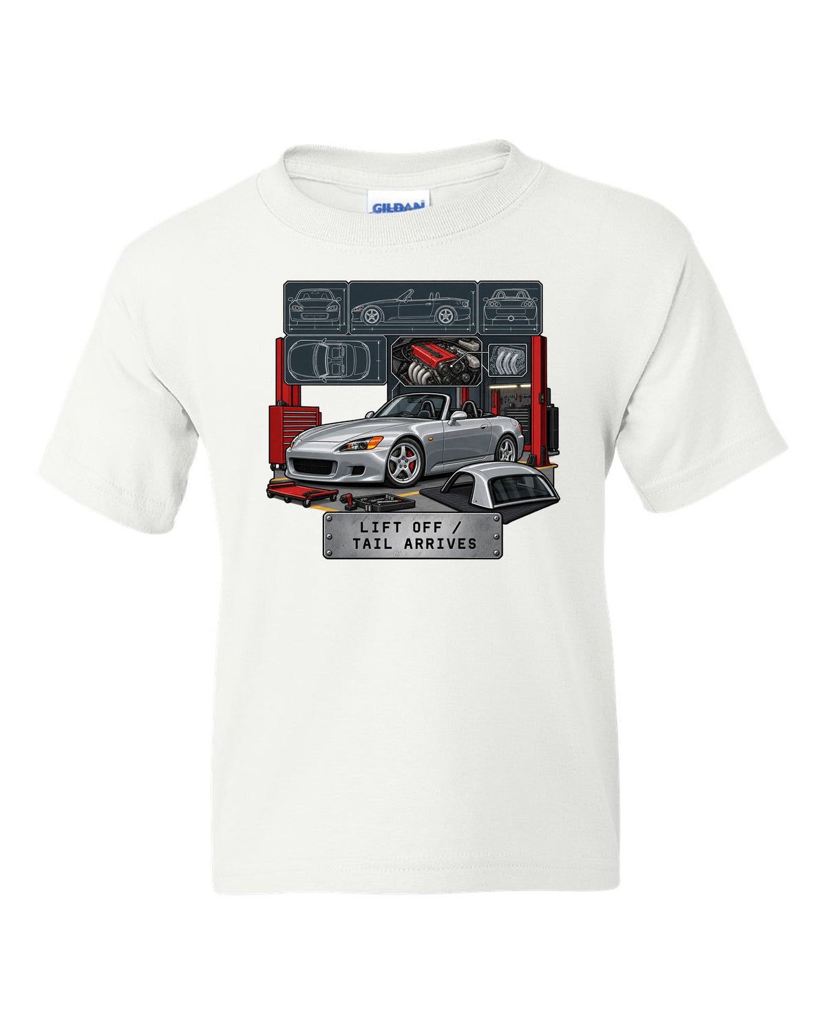 Spec sheet data plate print of a 1999 Honda S2000 AP1 roadster with lift off tail arrives text white kids tee front view with the design