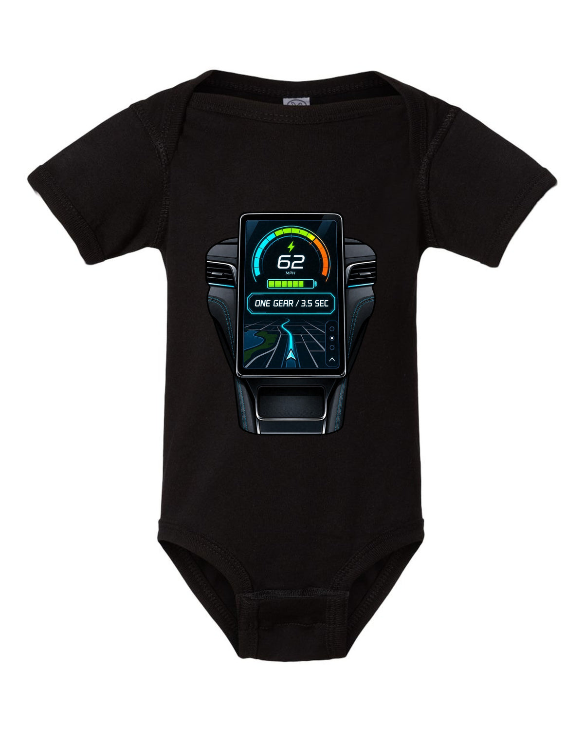 Round embroidery-style crest print for the 2020 Mustang Mach-E CX727 reading 88 kWh Extended Range black baby onesie front view with the design