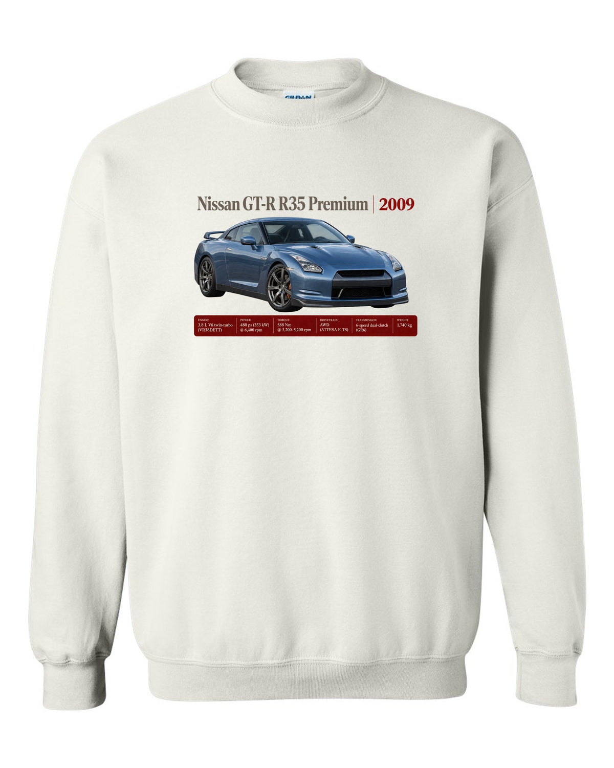 Nissan GT-R R35 2009 Premium archive panel poster white crewneck front view with the design