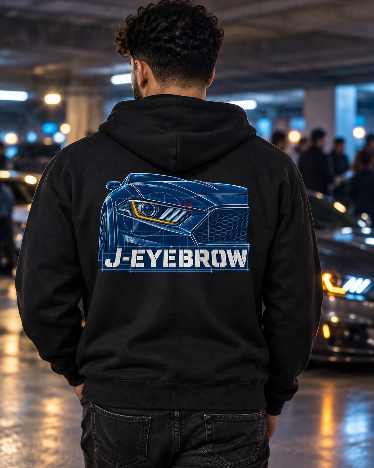 S550 Mustang Fastback J-Eyebrow Cyanotype Blueprint Shirt Zip Hoodie Black worn hero
