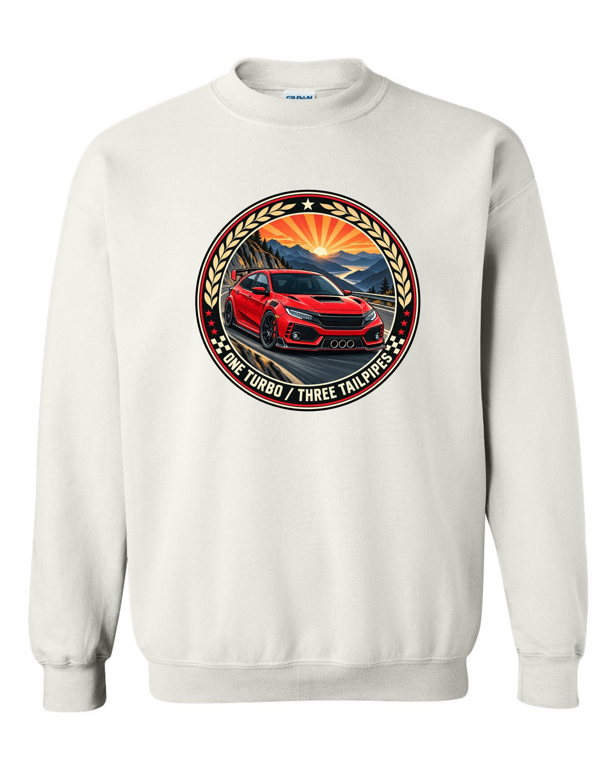 Original crest layout print for the Honda Civic Type R FK8 with one turbo three tailpipes text white crewneck front view with the design