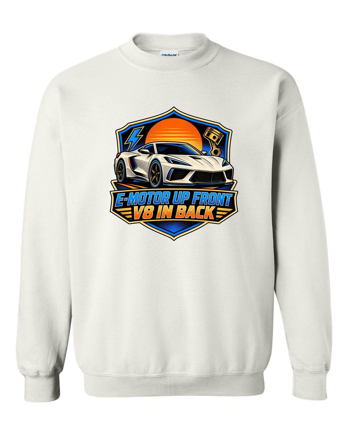 Comic halftone panel of a 2020 C8 Corvette Stingray with e-motor and V8 lettering white crewneck front view with the design