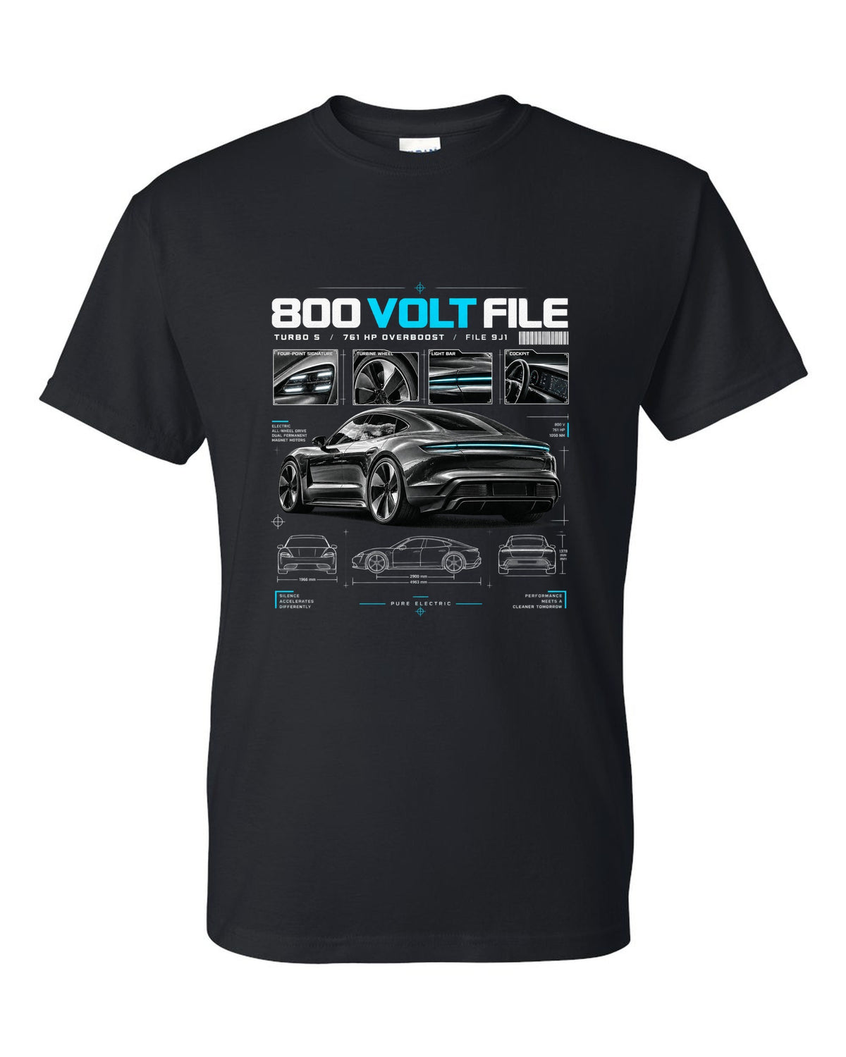 Dossier panel print of a 2020 Porsche Taycan Turbo S 9J1 with turbine wheel and light bar black t-shirt front view with the design