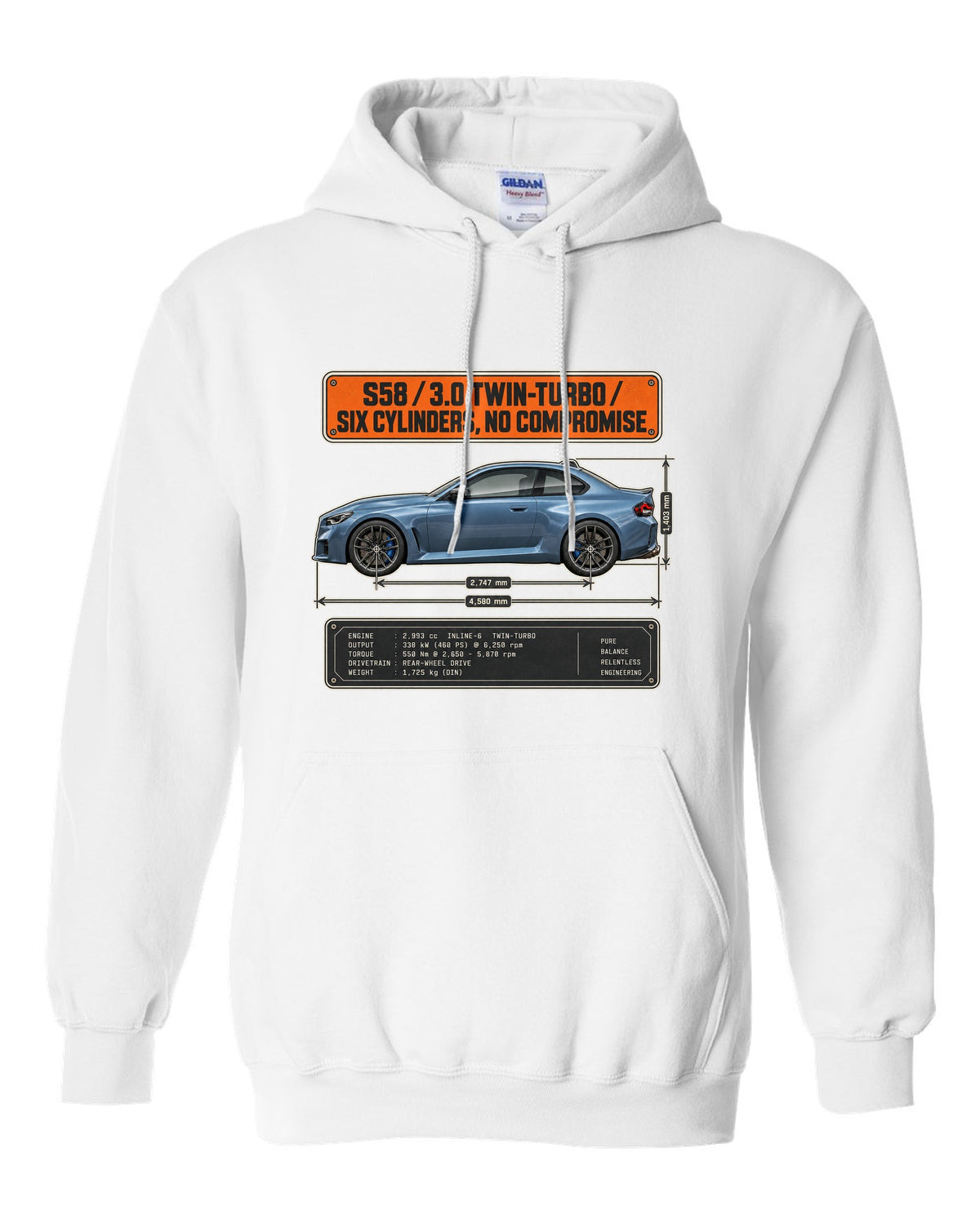 BMW M2 G87 dimension blueprint print with S58 3.0 twin-turbo text white pull over hoodie front view with the design