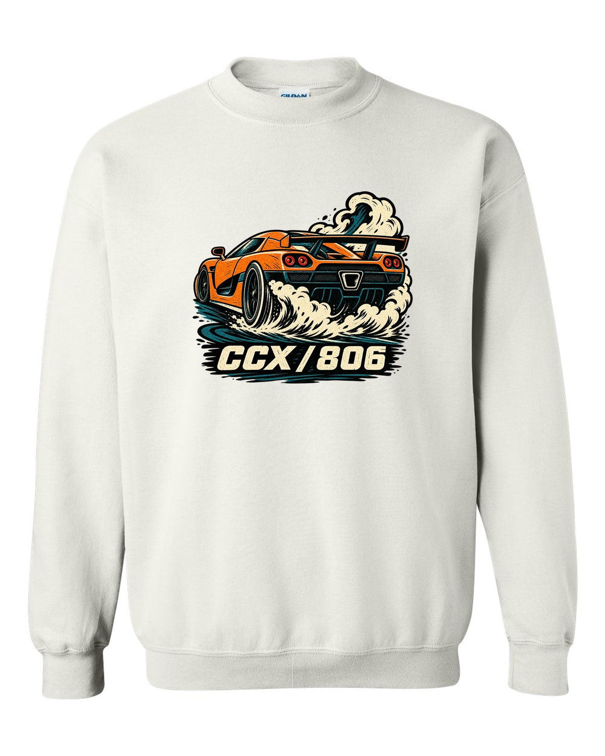 Linocut style illustration of a Koenigsegg CCX doing a burnout with CCX 806 lettering white crewneck front view with the design