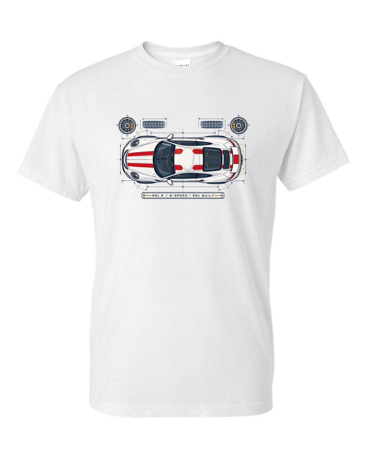 Porsche 993 Carrera five-dial gauge cluster HUD design with no screens text white t-shirt front view with the design