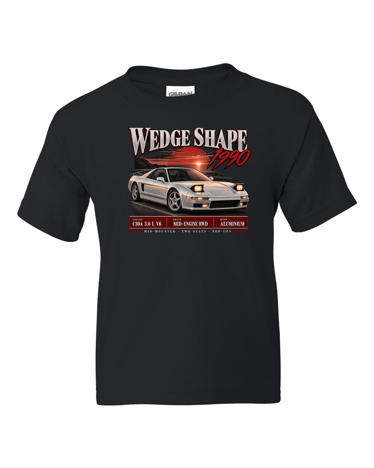 Honda NSX NA1 archive panel design with wedge shape 1990 text black kids tee front view with the design
