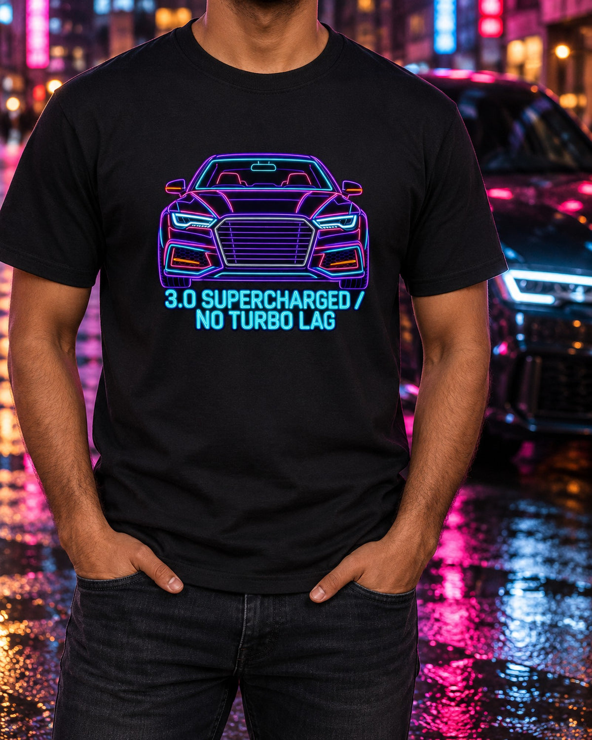 Audi S4 B8 Supercharged 3.0 Neon Sign Line Art Shirt T-Shirt Black worn hero