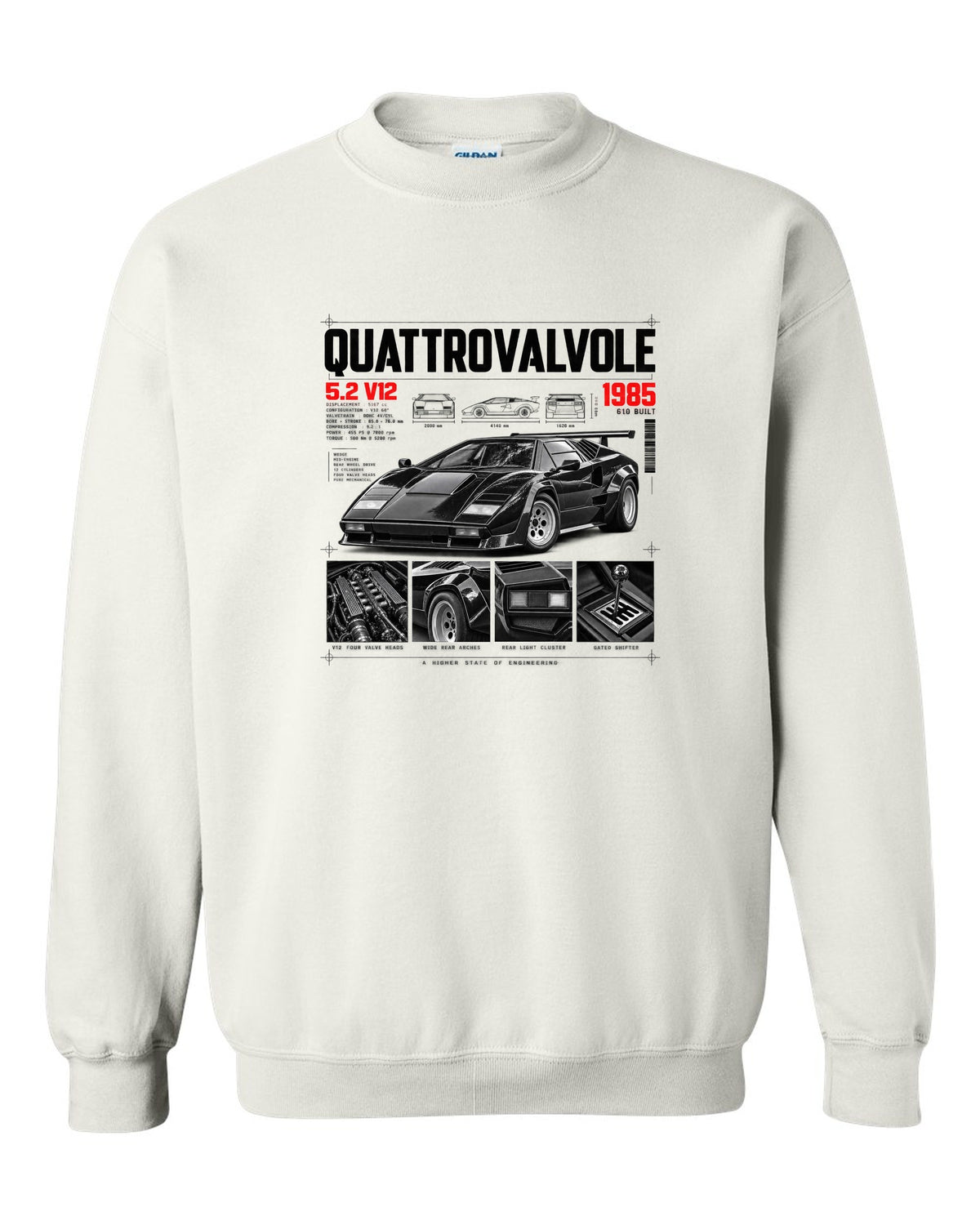 Dossier panel print of a Lamborghini Countach LP5000 QV with 5.2 V12 and 610 built text white crewneck front view with the design