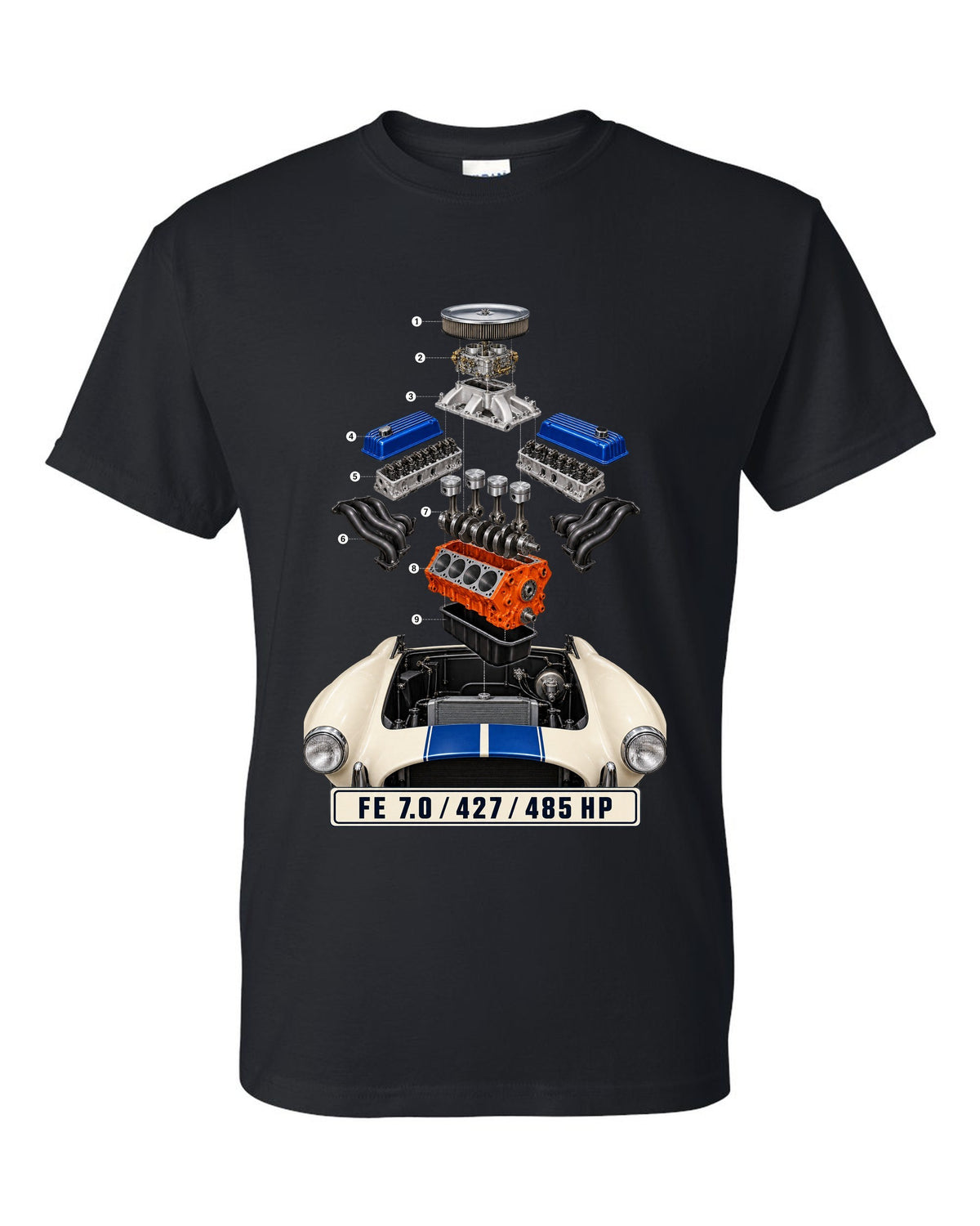Isometric exploded view print of a Shelby Cobra 427 engine bay with FE 7.0 lettering black t-shirt front view with the design