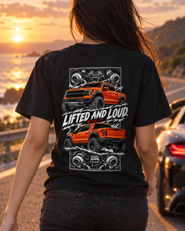 Ford F-150 Raptor Torn Poster Full-Back Graphic Tee T-Shirt Black worn hero