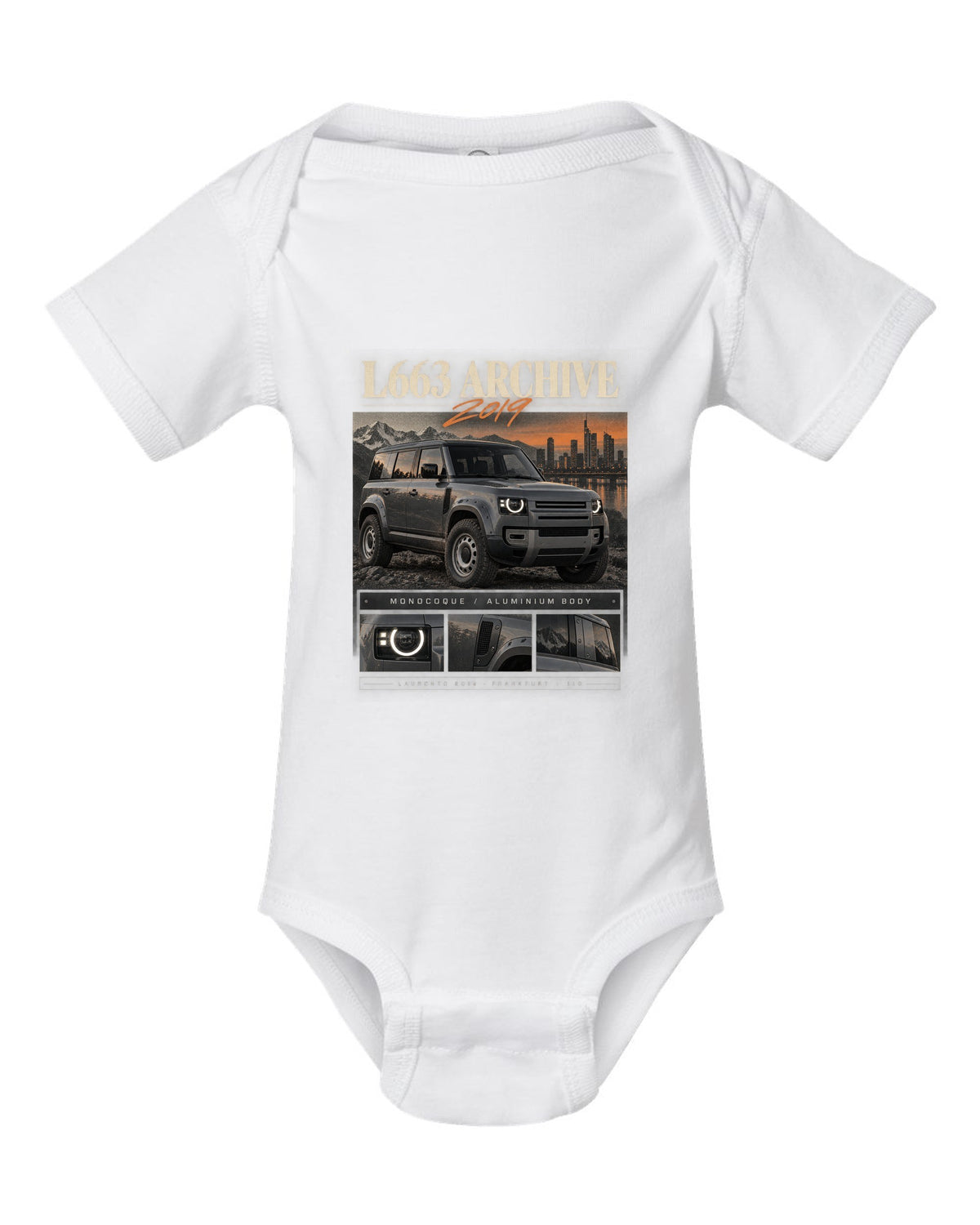 Land Rover Defender L663 110 archive panel print with 2019 Frankfurt text white baby onesie front view with the design