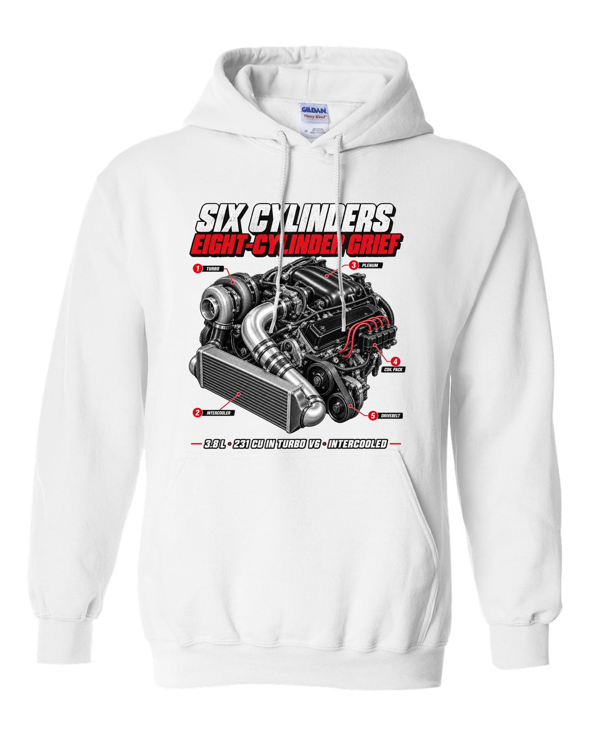 1987 Buick Grand National 3.8 turbo V6 engine callout print white pull over hoodie front view with the design