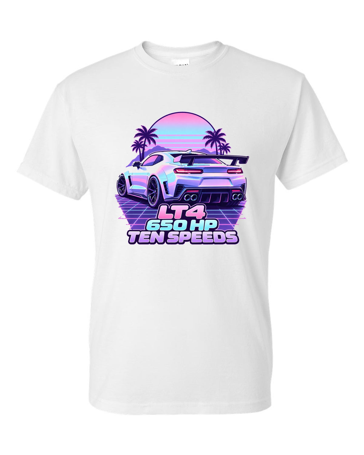 2019 Chevrolet Camaro ZL1 LT4 vaporwave pastel print with 650 HP text white t-shirt front view with the design