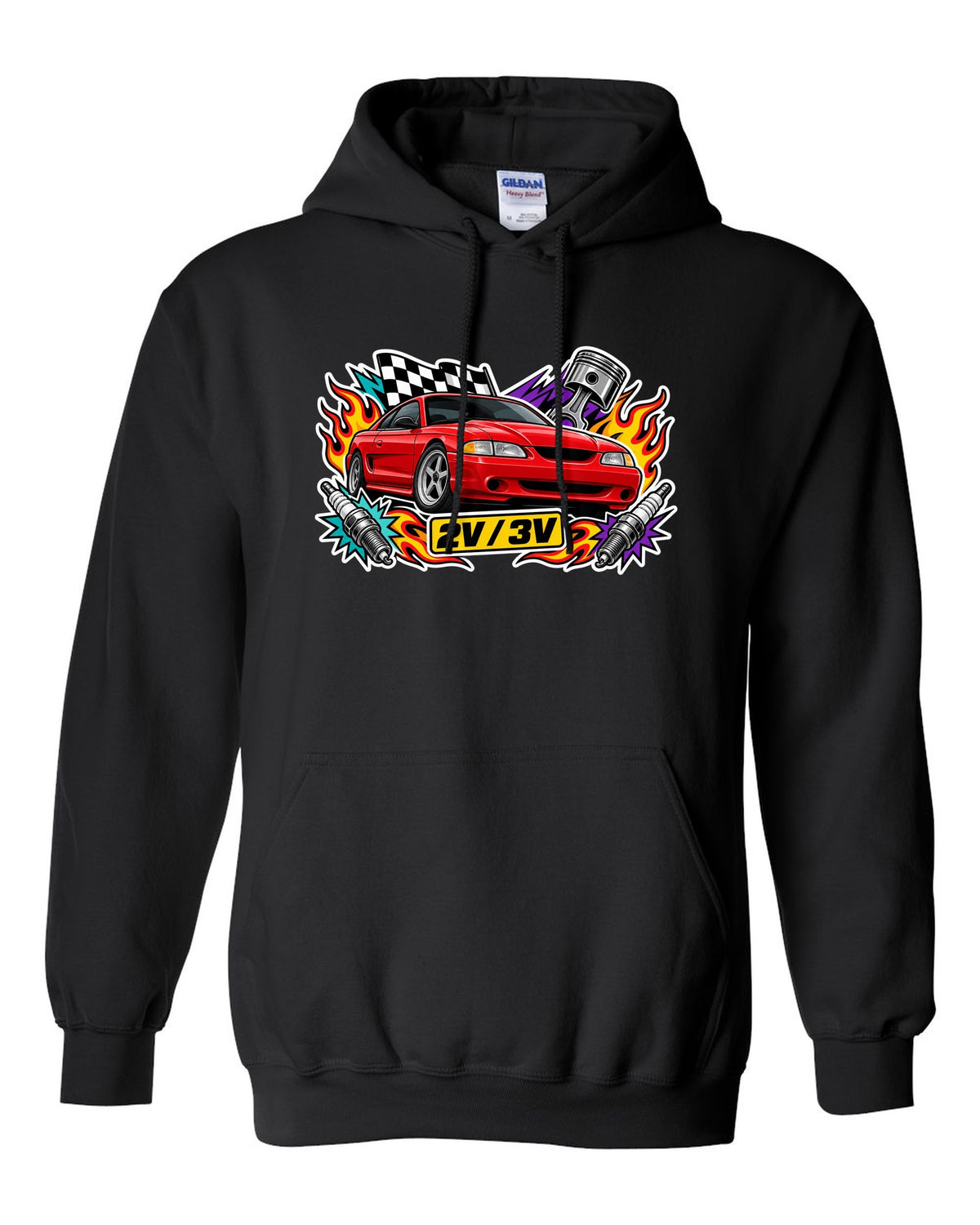 Sticker bomb collage of a 1994-98 SN95 Ford Mustang coupe with 2V 3V text black pull over hoodie front view with the design