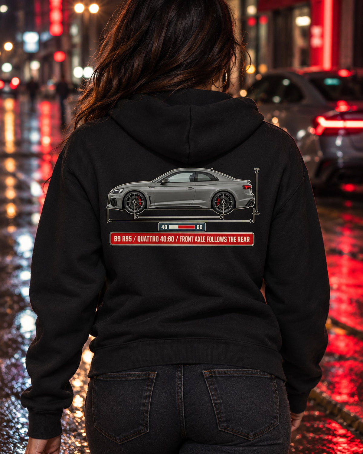 Audi RS5 Coupe B9 Facelift Dimension Blueprint, Quattro 40:60 Shirt Zip Hoodie Black worn hero
