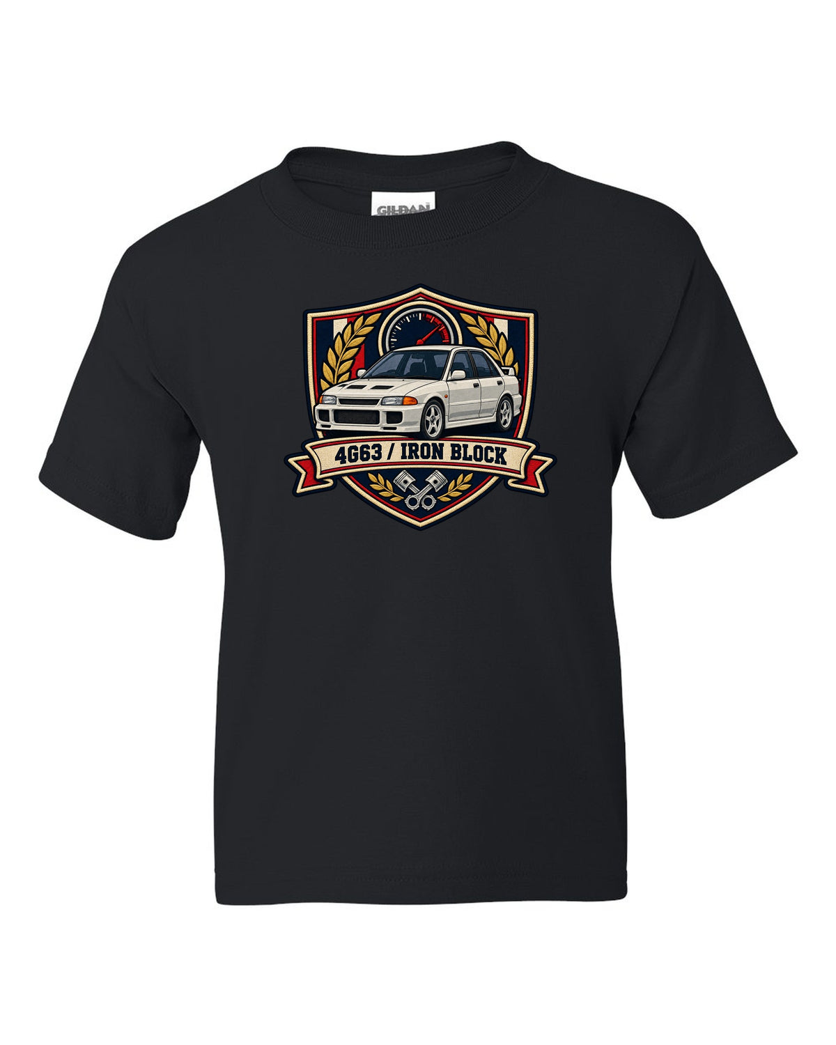 Mitsubishi Lancer Evolution I CD9A embroidered varsity crest print, 4G63 / IRON BLOCK black kids tee front view with the design