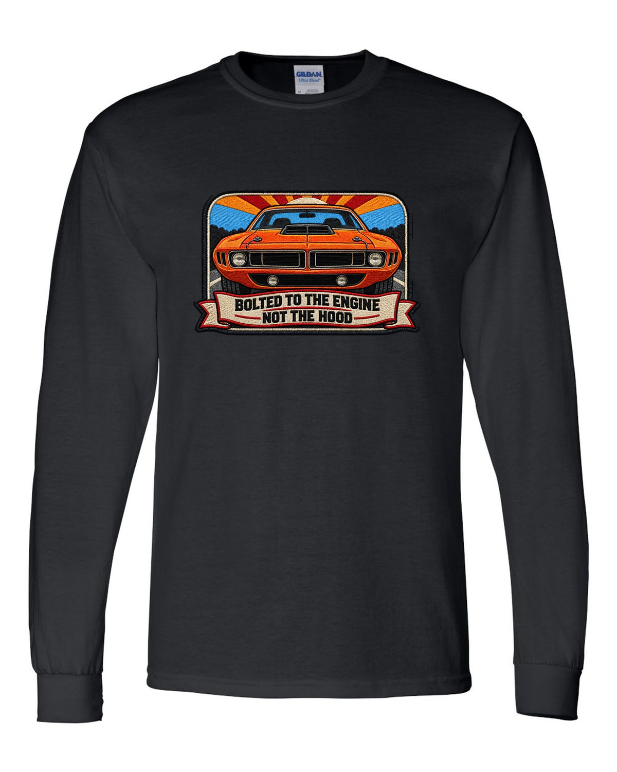 Embroidered mechanic patch style print of a 1970 Plymouth Hemi 'Cuda with shaker scoop text black long sleeve front view with the design