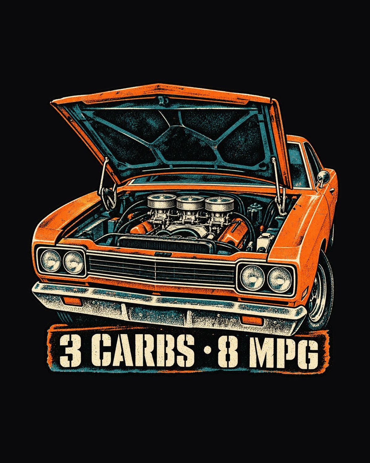 Road Runner Six Pack Grunge Screenprint Shirt, 3 Carbs 8 MPG design only
