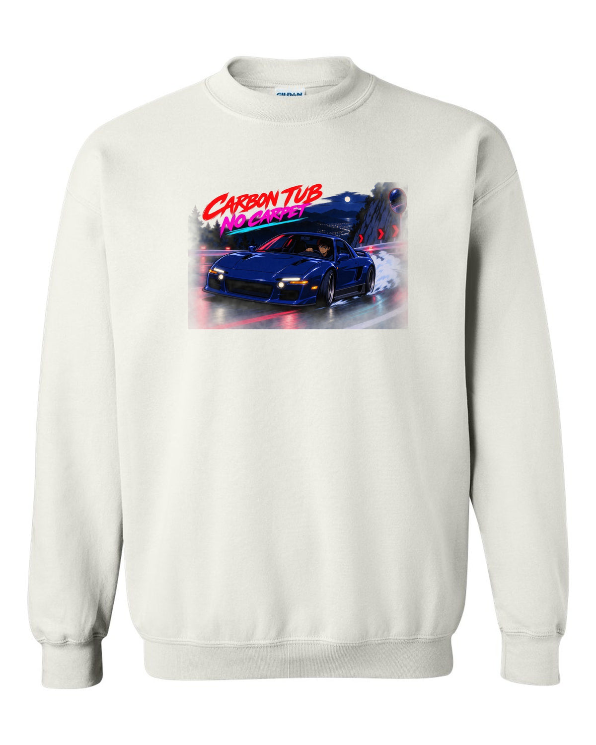Cel-shaded anime night touge scene with an Alfa Romeo 4C and carbon tub no carpet text white crewneck front view with the design