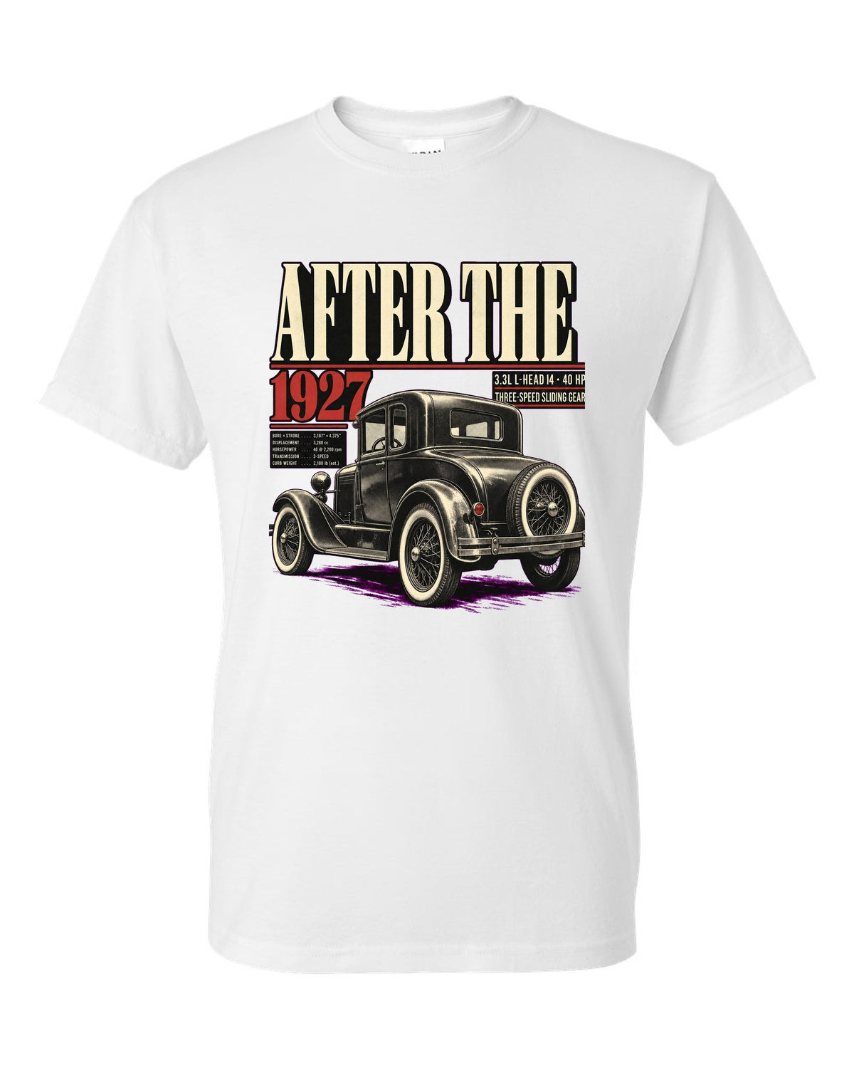 Editorial headline print of a Ford Model A coupe with spec lines white t-shirt front view with the design
