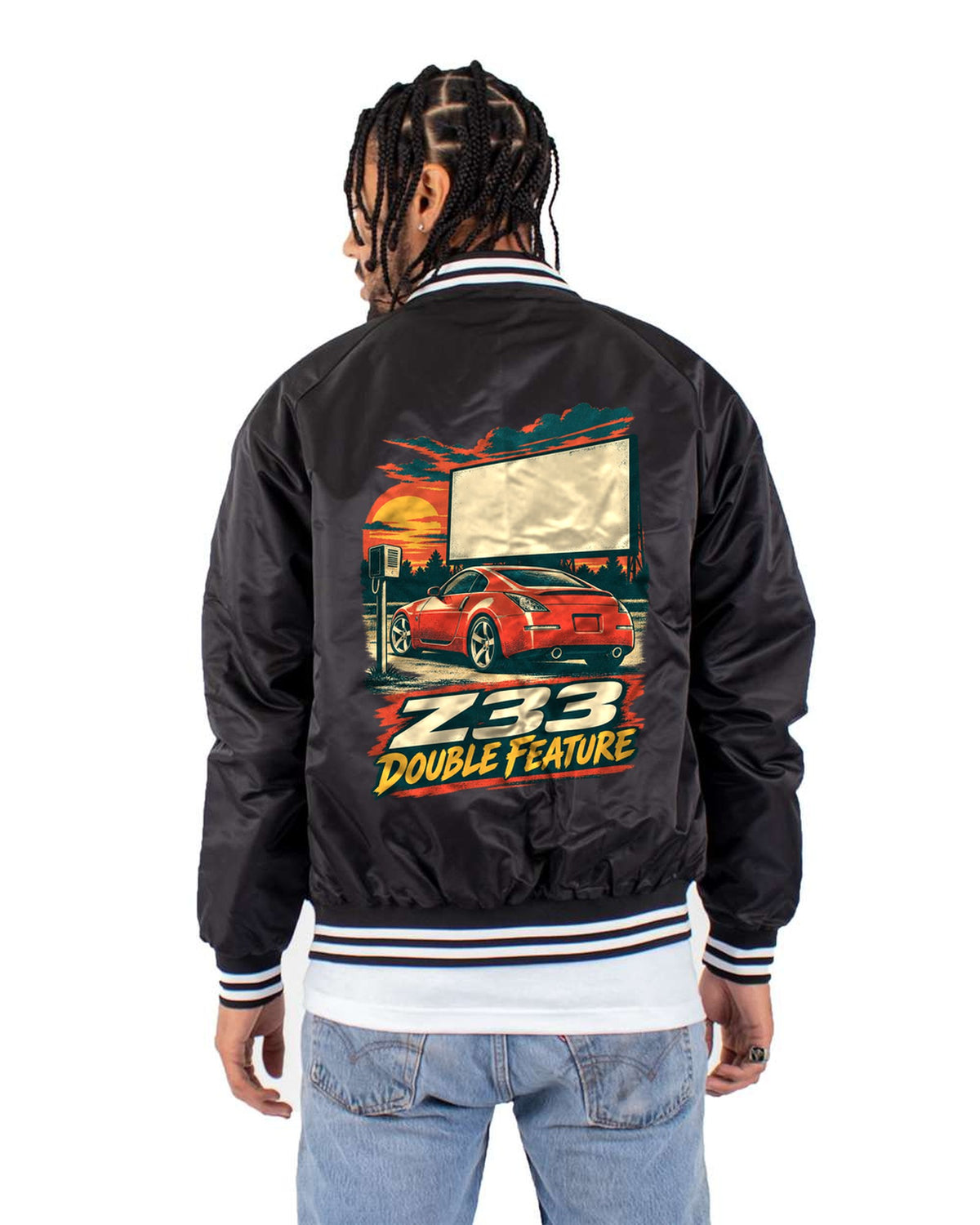 Z33 350Z Drive-In Night Double Feature Race Poster Tee Bomber Jacket Black back