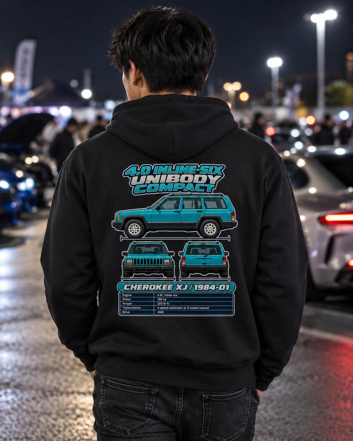 Jeep Cherokee XJ Spec Sheet Full-Back Graphic Tee Zip Hoodie Black worn hero