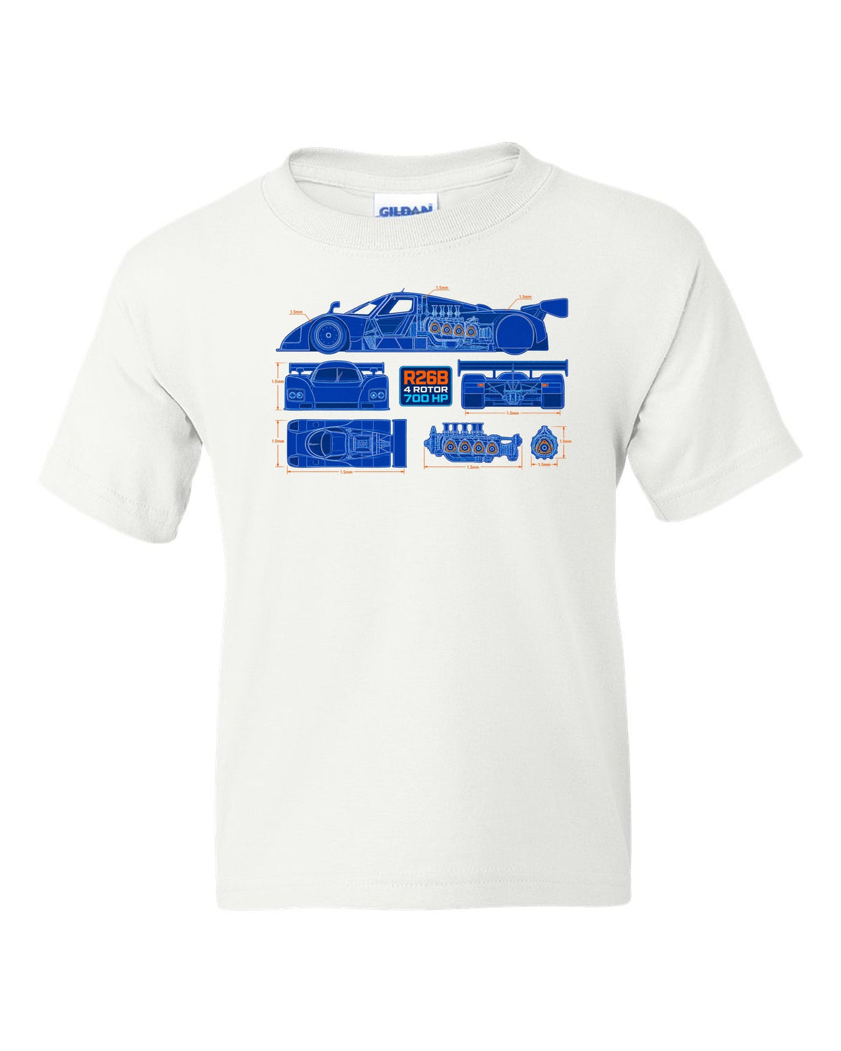 Technical blueprint cutaway of the Mazda 787B R26B four-rotor engine with 700 HP lettering white kids tee front view with the design