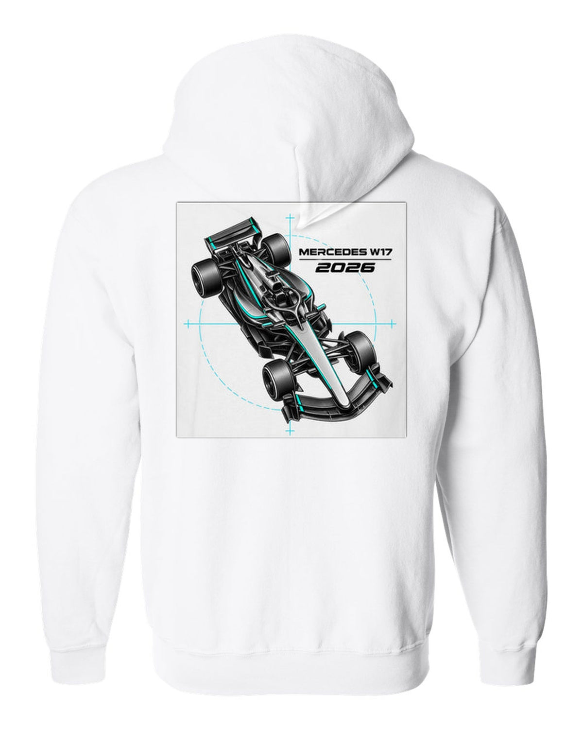 Mercedes W17 2026 F1 car technical poster artwork white zip hoodie back view with the design