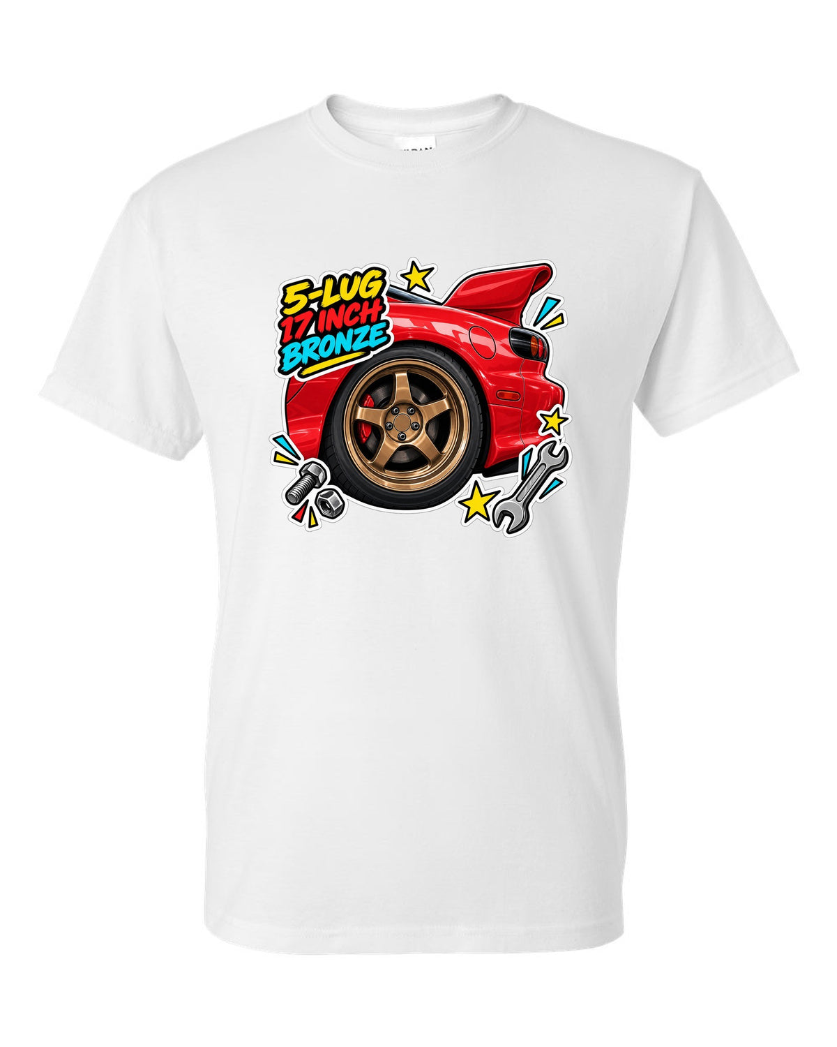 Watercolour wet road night print of a Mazda MX-5 ND RF with the text Roof Folds in 13 Seconds white t-shirt front view with the design