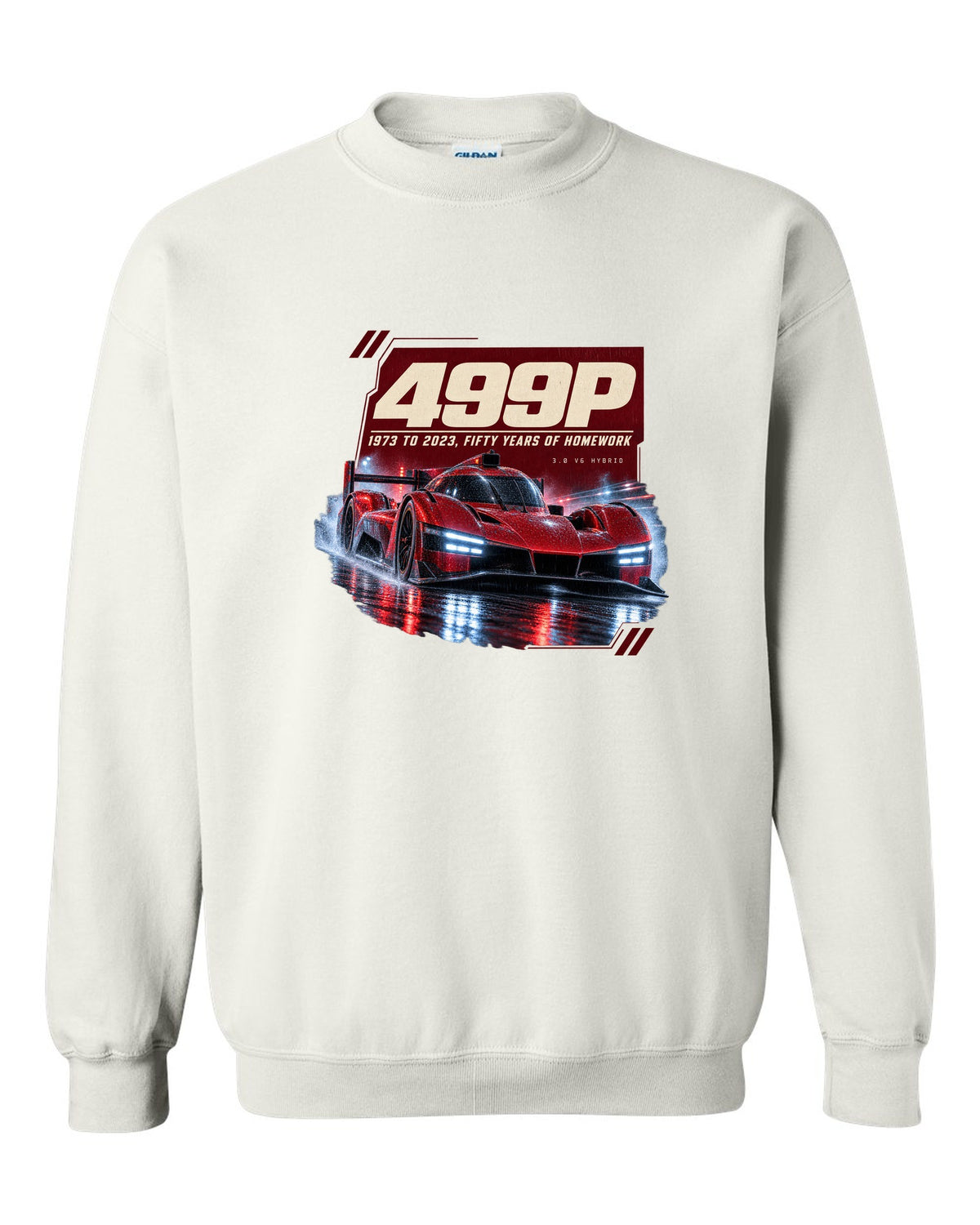 Ferrari 499P on a rainy night street print, 1973 to 2023 white crewneck front view with the design