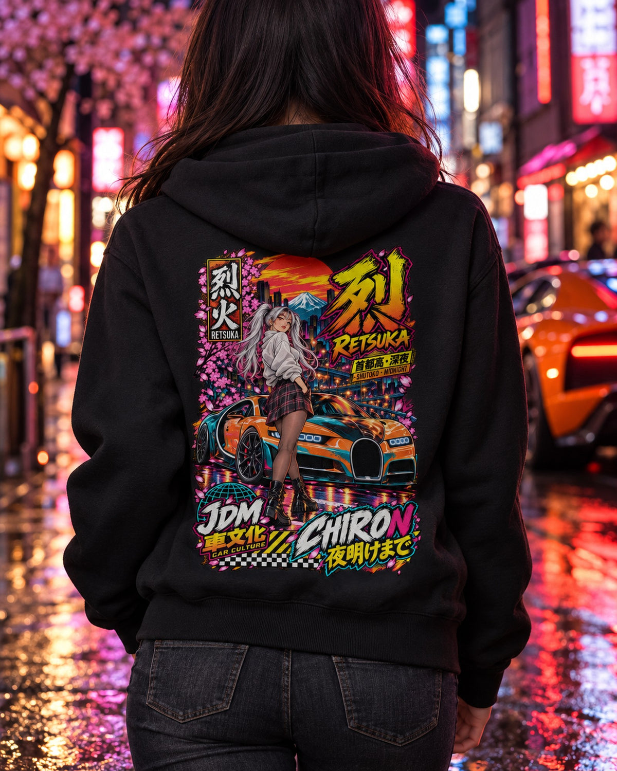 RETSUKA CHIRON Anime Girl Full-Back Graphic Tee Zip Hoodie Black worn hero