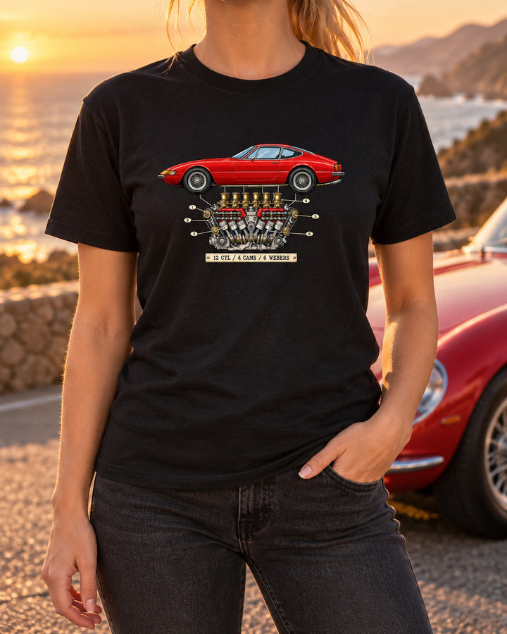 Twelve Pistons Patent Tee, Ferrari 365 GTB/4 Daytona T-Shirt Black worn hero