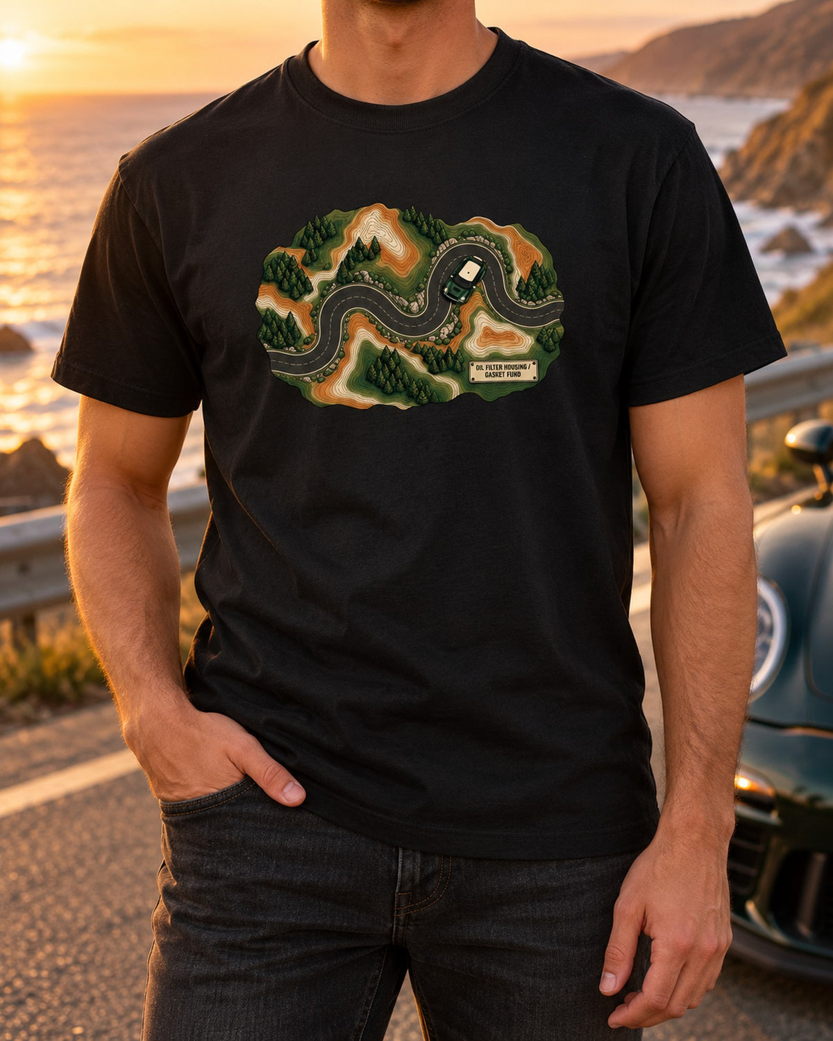 Mini Cooper S R56 Topographic Route Map Shirt, Gasket Fund T-Shirt Black worn hero